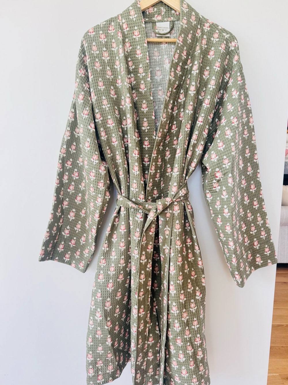 Threshold Green Floral Waffle Knit Robe 100% Cotton Belted L/XL
